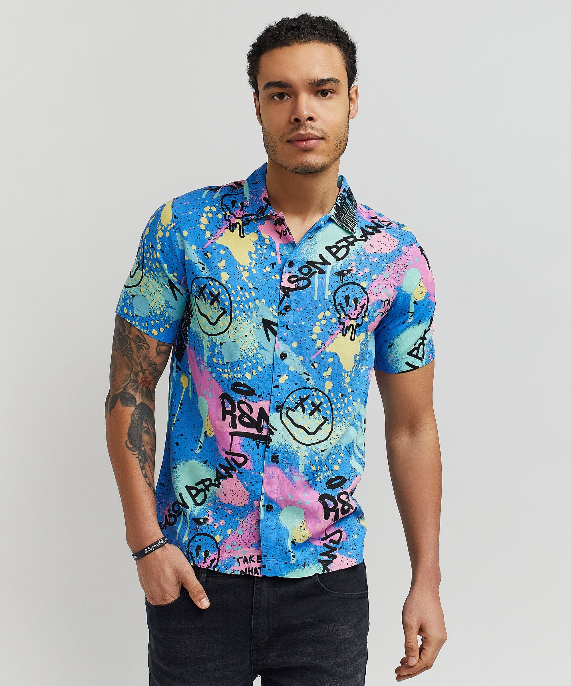 Graffiti Viscose Button-Down Short Sleeve Shirt - Multicolor