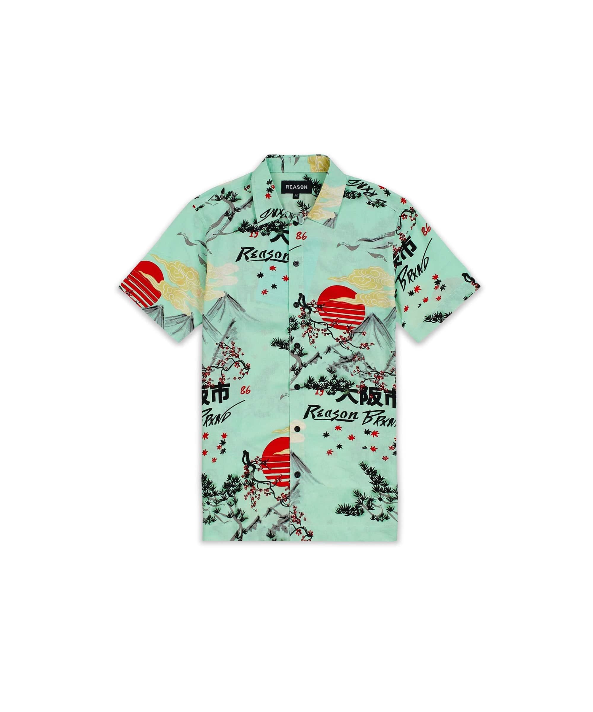 Mount Fuji Viscose Button-Down Short Sleeve Shirt - Mint
