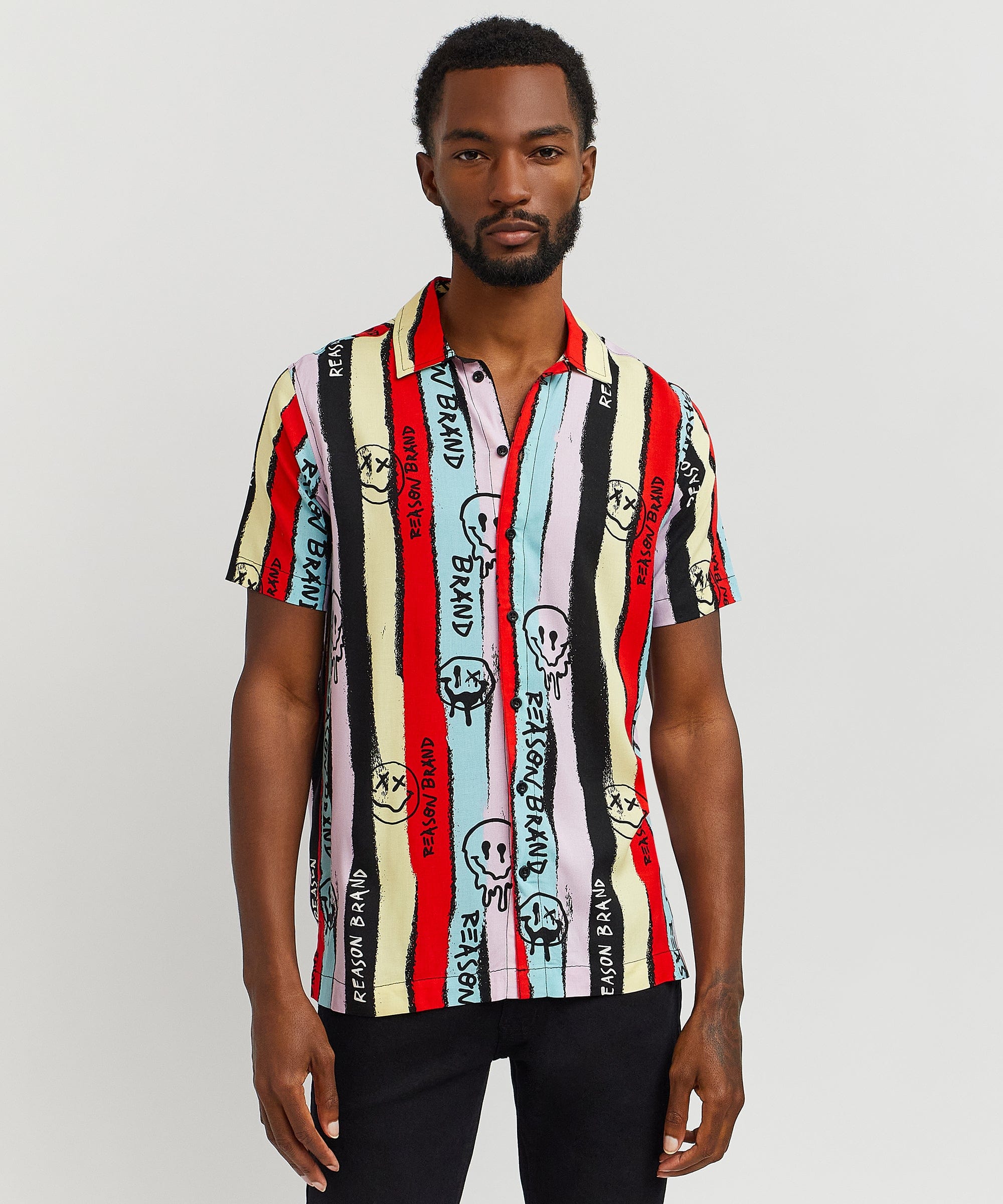 Graffiti Viscose Button-Down Short Sleeve Shirt - multicolor