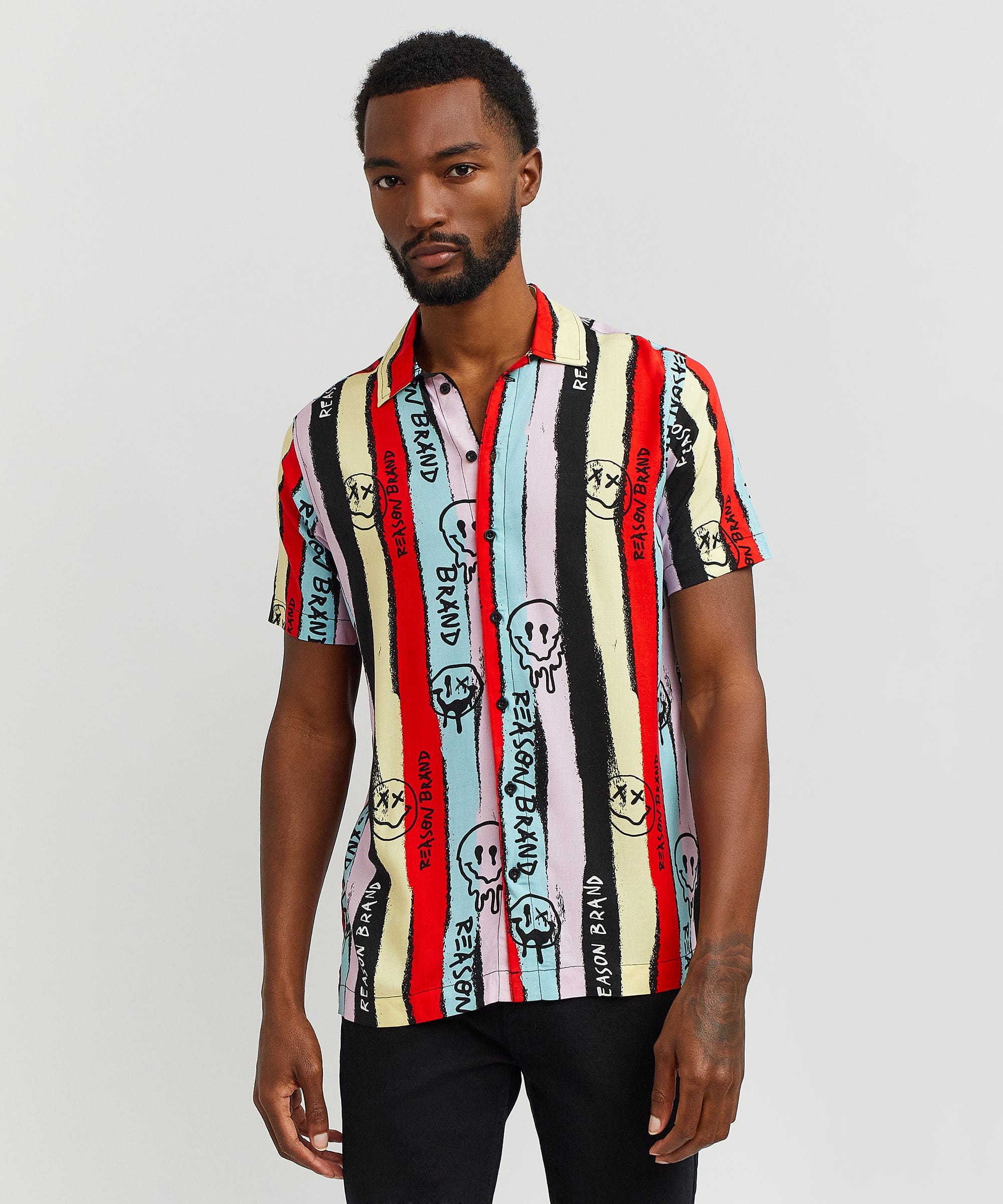 Graffiti Viscose Button-Down Short Sleeve Shirt - multicolor