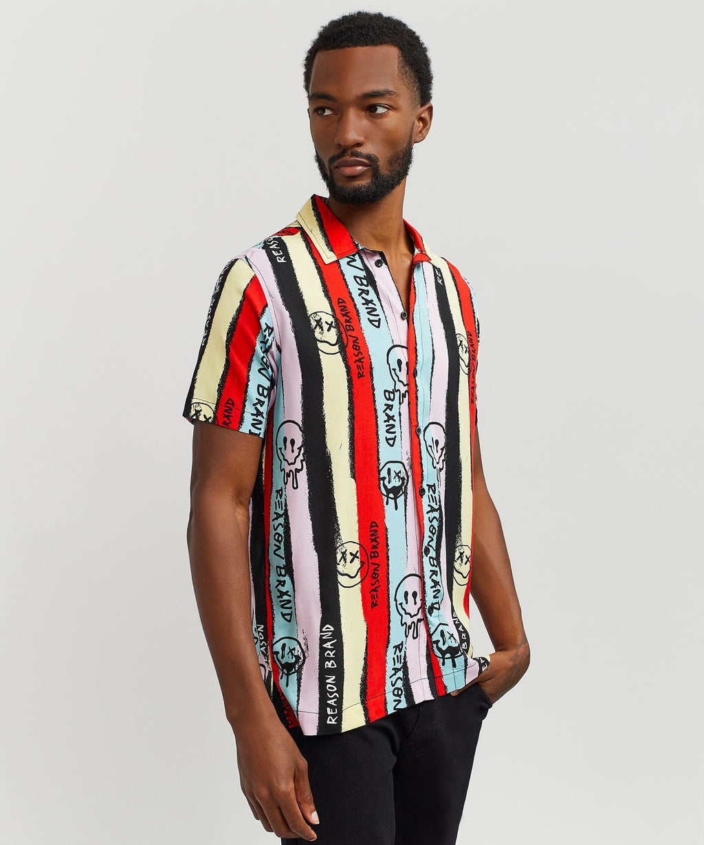 Graffiti Viscose Button-Down Short Sleeve Shirt - multicolor
