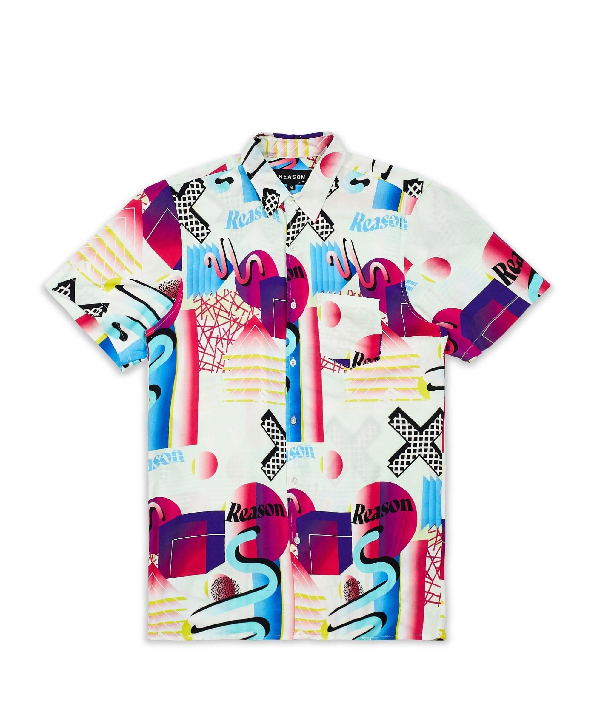 Geo Shape Viscose Button-Down Short Sleeve Shirt - Multicolor