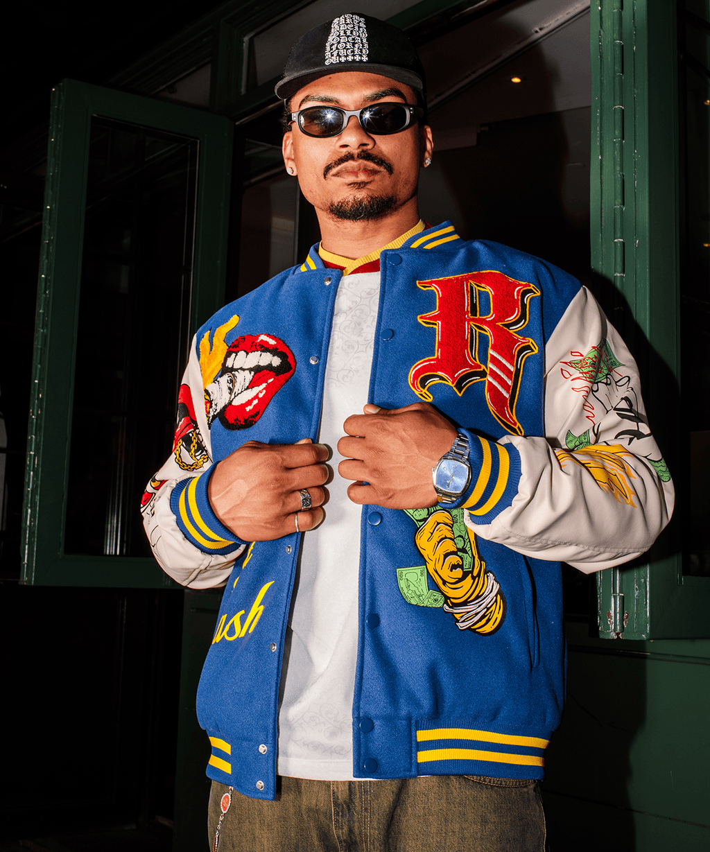 Money Varsity Faux Leather Sleeve Jacket - Blue