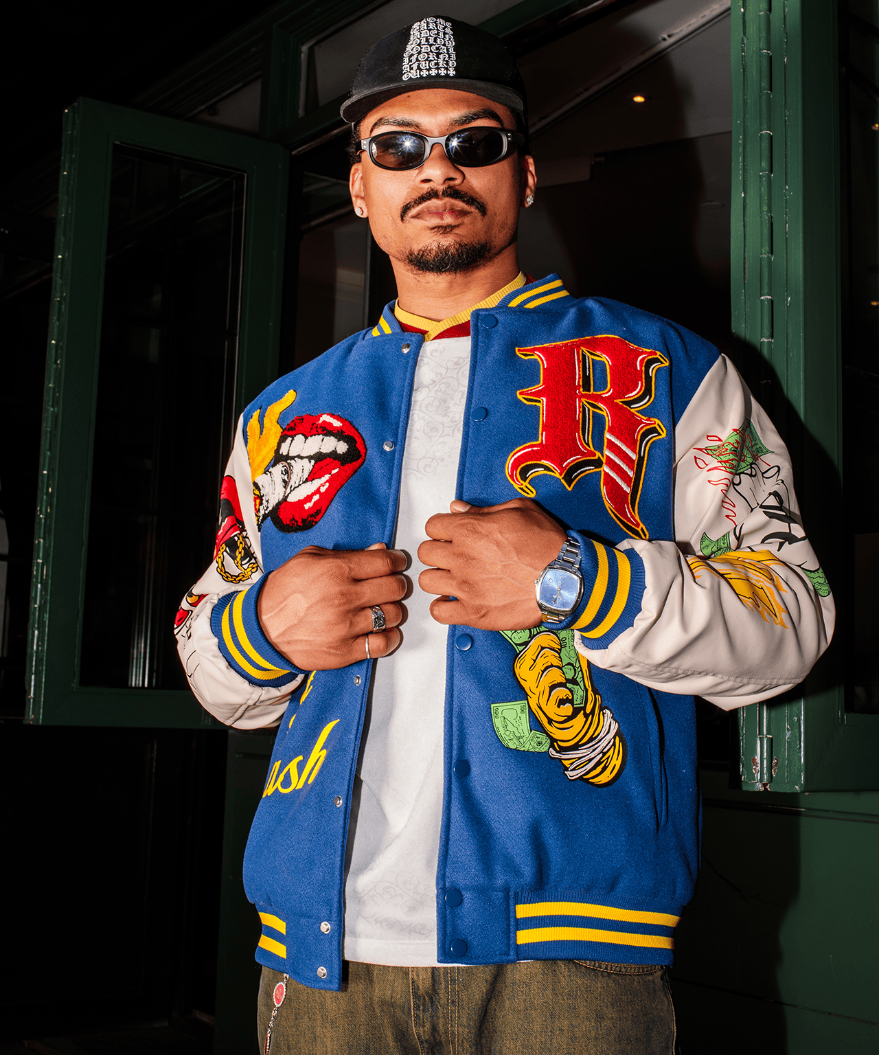 Money Varsity Faux Leather Sleeve Jacket - Blue