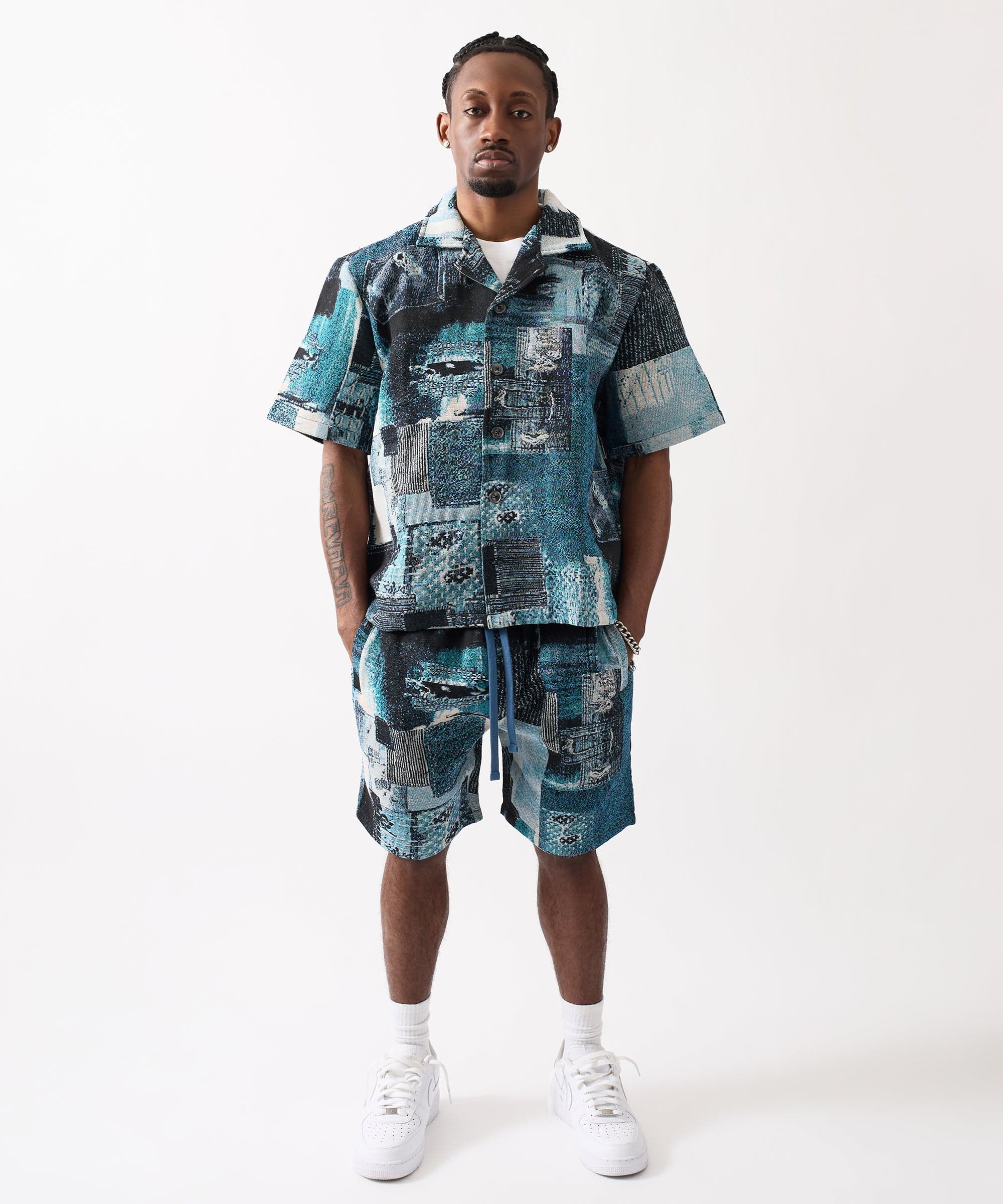 Mosaic Tapestry Button Down Short Sleeve Knit Shirt - Blue