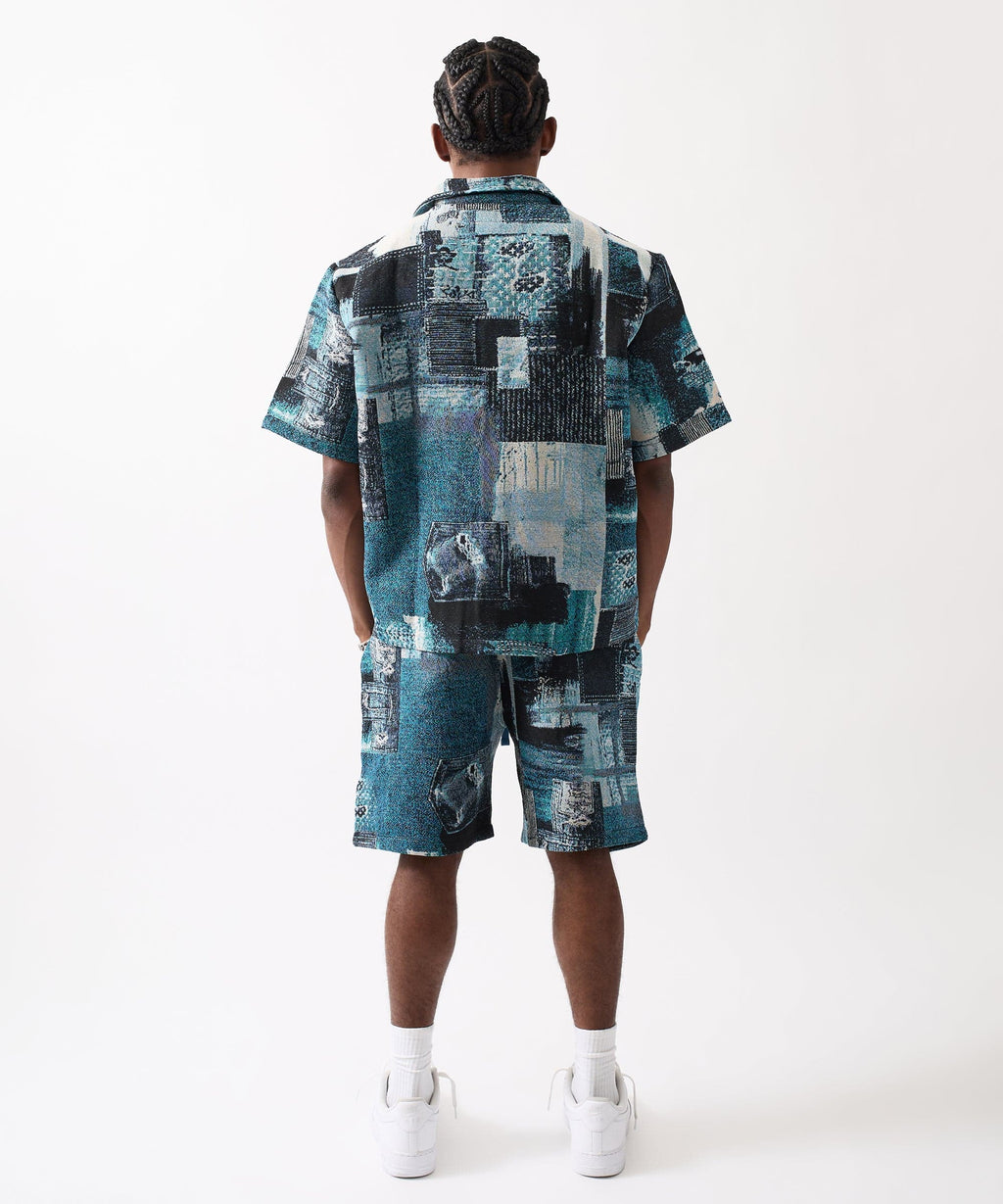 Mosaic Tapestry Button Down Short Sleeve Knit Shirt - Blue