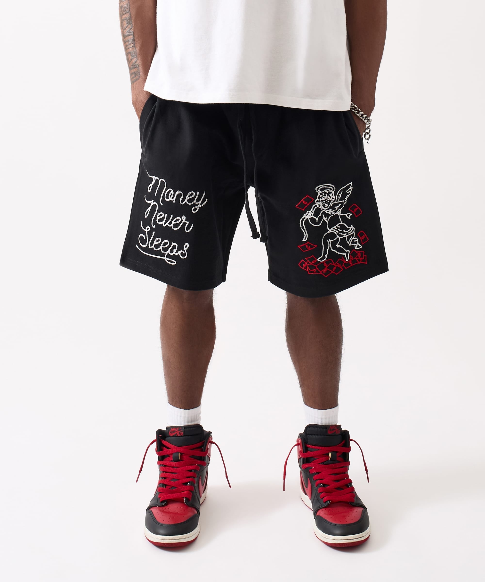 Money Never Sleeps Embroidered Fleece Shorts - Black